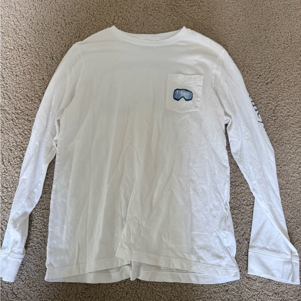 Vineyard Vines White Long Sleeve Tee with Blue Pocket Design